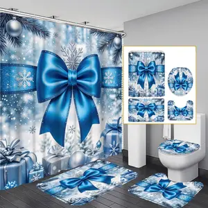 1PC/4PCS 2D Flat Happy Winter Blue Bow Snow Scene Gift Box Patterned shower curtain, home bathroom decor, shower curtain set with 12 hooks, non-slip bathroom rug, U-shaped toilet seat cover, toilet seat mat.
