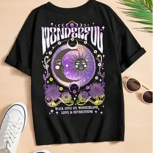 Teen Girls' Casual Cartoon Star & Moon Pattern Short Sleeve T-Shirt Suitable For Summer