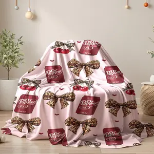 Dr Pepper Flannel Leopard Print Bow Throw Blanket Soft Cozy Warm Cartoon Pattern Versatile For Sofa Bed Office Camping