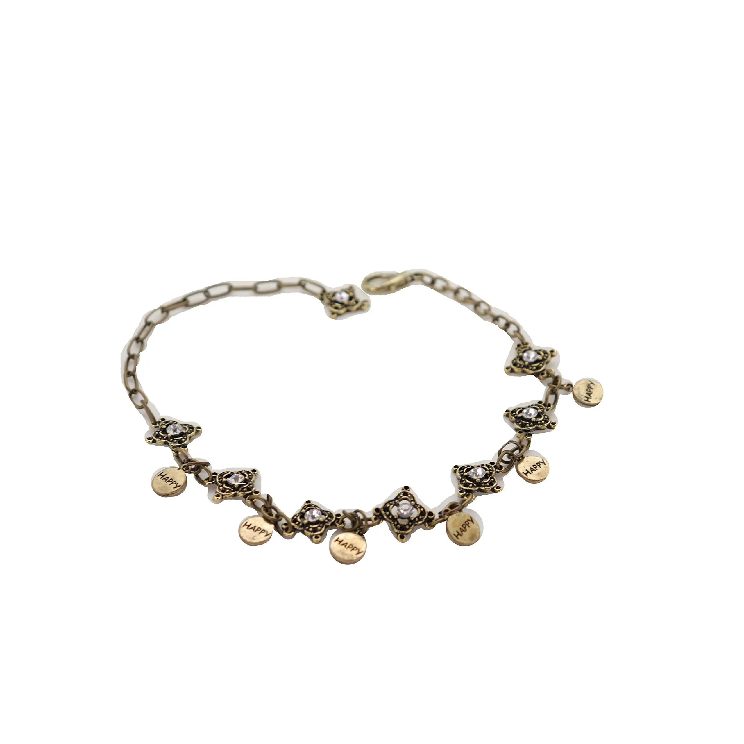 Women Western Fashion Jewelry Antique Vintage Rustic Gold Metal Boot Chain Anklet Shoe HAPPY Charms Retro Style One Size 10-15 Inches Adjustable Length