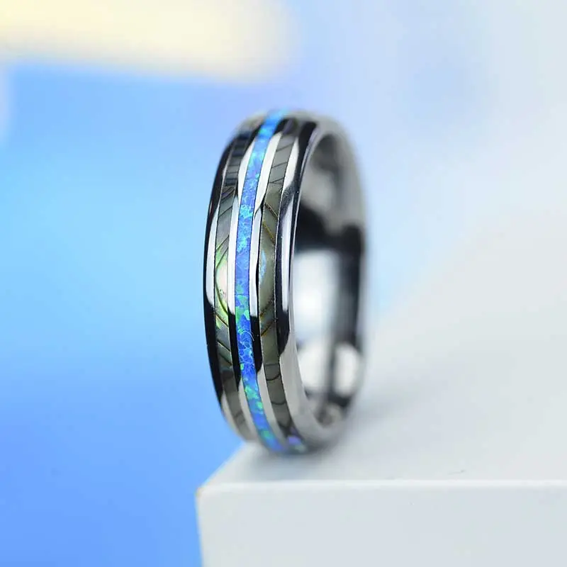 Genuine Australian Blue Fire Opal with Abalone Shell Tungsten Ring 6mm Wide