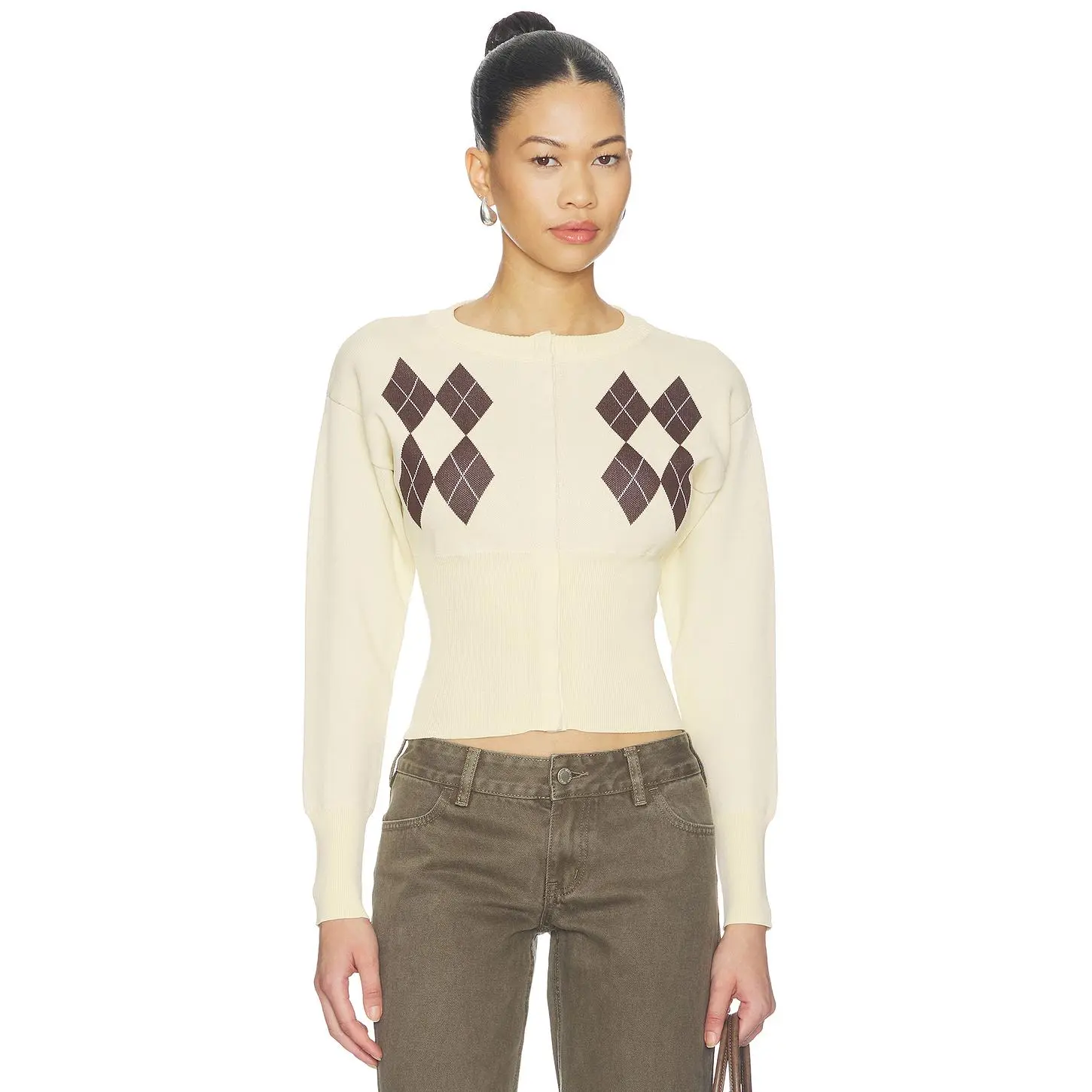 ALL THE WAYS Kourtney Cardigan in Cream & Brown Argyle