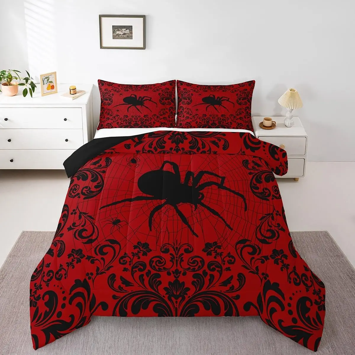 Feelyou Gothic Red Black Spider Web Damask Polyester Comforter Set - U-Stitching Duvet Set, Multi-Size for Adults, Bedroom Use, Travel Ready, Bedspread Set, Theme Bedding Set