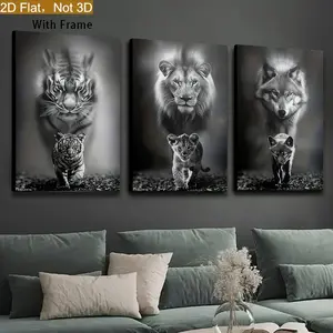 2D Print, 3-Piece Framed Canvas Art Print - Black and White Wildlife Portraits: Wolf, Tiger, Lion - High-Definition Ink, Wooden Frame - Suitable for Living Room, Bedroom, Office Decoration - Ready-to-Hang Room Decor