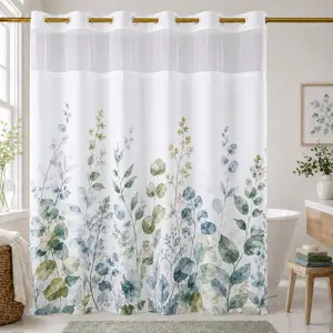 Hookless Shower Curtain with Snap-in Liner, Double Layer Floral Botanical Shower Curtain Set, Sheer Top Window, Waterproof & Washable Bathroom Curtain, 72 x 75 Inch