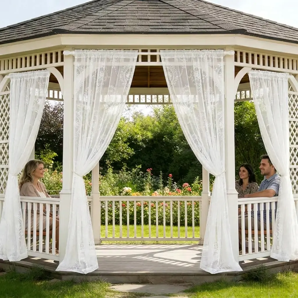 4-piece French floral lace curtain set - Outdoor pavilion courtyard light-filtering curtain - Balcony arch garden sun protection semi-transparent curtain