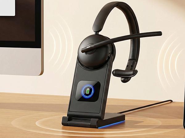 Wireless Headset with Mic for Work, Bluetooth Headphones with Microphone (Noise Cancelling) & Charging Base, Wireless Headset for Work from Home/Office/Call Center/PC/Computer/Teams/Zoom/Skype/Laptop