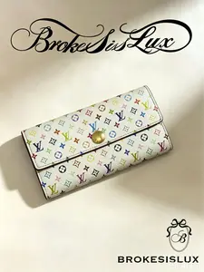 Pre-owned Louis Vuitton White Multicolor Monogram Canvas Long Flap Wallet with Gold Snap Button Designer Purse