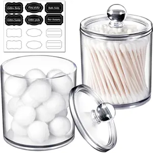2 Pack of 12 Oz. Qtip Dispenser Apothecary Jars Bathroom with Labels - Qtip Holder Storage Canister Clear Plastic Acrylic Jar for Cotton Ball,Cotton Swab,Q-tips,Cotton Rounds