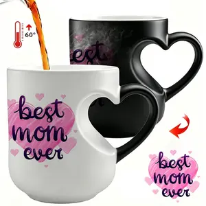 Heat-Activated Color-Changing Coffee Mug with Heart-Shaped Handle, “Best Mom Ever” Text, 11oz Unique Heart Pattern Mug, Mother’s Day Gift