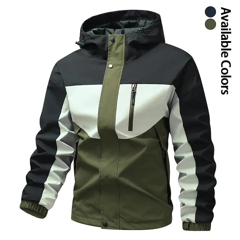 Men’s color-block hooded windproof jacket, waterproof outdoor hiking outerwear with multiple zippered pockets, casual mountain jacket