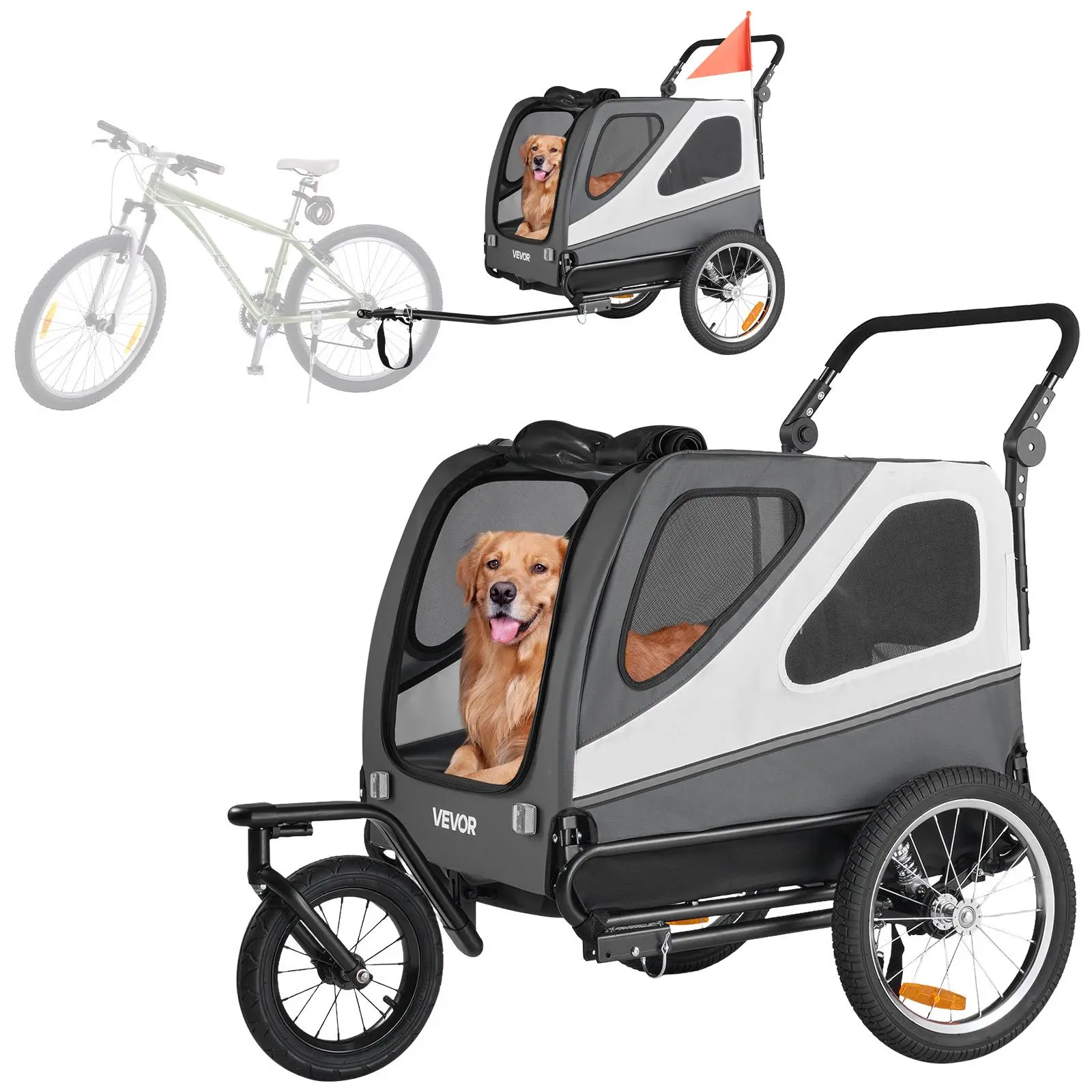 VEVOR 2-in-1 Trailer & Stroller Bike Carrier, 100 lbs Capacity, 31.5x21.2x24 in Folding Steel Frame, Quick-Release Wheels, Universal Coupler, Mesh Panels, Rear Door, Internal Leash, Flag, Weatherproof for Safe Rides, Daily Walks