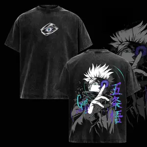 Gojo Satoru Vintage Washed Oversized T-Shirt – Jujutsu Kaisen Anime Tee – Six Eyes Infinity Technique Manga Art Print, Heavy Washed Cotton Fabric, Unisex Casual Crewneck, Retro Streetwear Style, Soft and Comfortable, Perfect Gift for JJK Fans and Anime En