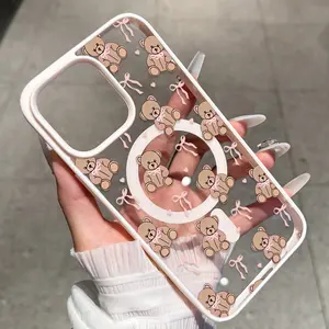 Adorable Kawaii Bear & Ribbon Apple iPhone 14 13 12 Pro Max Clear Protective Case Full Body Drop Protection Soft TPU Cover for Women Girls Trendy Cute Aesthetic Lightweight Stylish Phone Shell