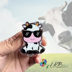 Cool Cow with Sunglasses Badge Reel- Retractable ID Badge Reels - Interchangeable ID Holders - Beaded Nurse Badge Reel - Teacher Lanyards - Magnetic Badge Pin - Stethoscope ID Tag - Phone Tablet Grip - Handmade Gift