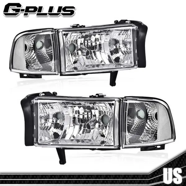 G-PLUS Headlights for 1994-2002 Ram 1500 2500 3500 Chrome Housing Clear Corner Headlights Lamps G-PLUS Headlights for 1994-2002 Ram 1500 2500 3500 Chrome Housing Clear Corner Headlights Lamps