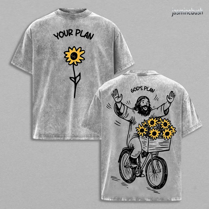 YOUR PLAN GOD’S PLAN Christian T Shirt Washed Sunflower Jesus Illustration Heavy Cotton Streetwear Faith Graphic Unisex Relaxed Fit Inspirational Religious Tee Aesthetic Merry Christmas