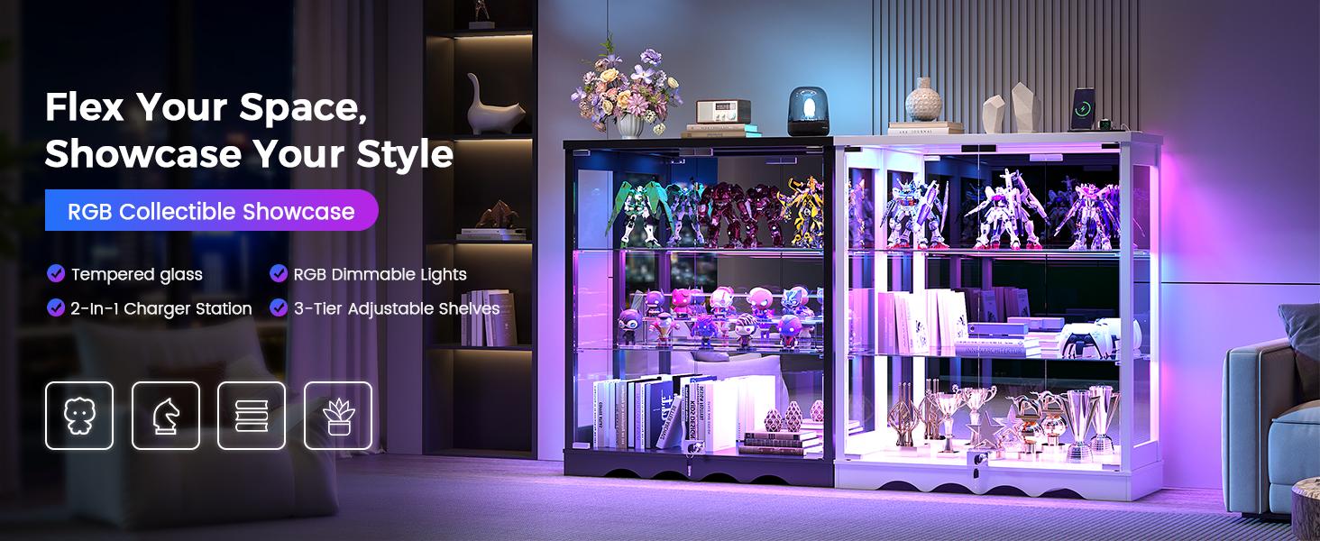 Dystler RGB Display Cabinet with Glass Doors - 39’‘ Tall Curio Cabinet with Lock & Adjustable Shelves, 3-Tier Display Case with Lights, for Collectibles/Figure/Helmet/Football