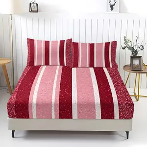 3Pcs Glittery Stripes Fitted Sheet Set, Bed Sheets Set, Vibrant Red and Pink Pattern with Sparkling Textured Stripes, Bedding Set for a Festive Bedroom Makeover, Perfect for Celebrations and Gifts, Includes 2 pillowcases (pillow inserts not included)