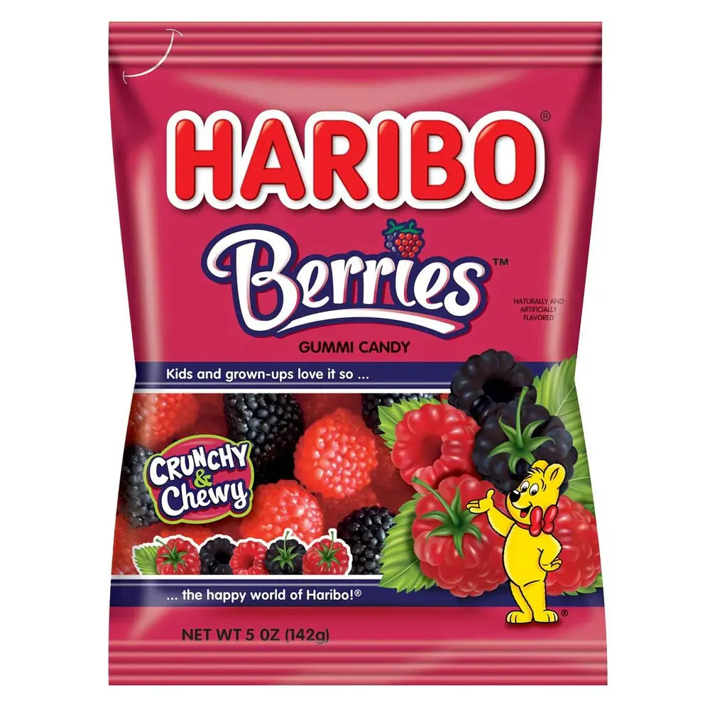 Haribo Berries Gummi Candy Peg Bag 5oz. 12 ct. - Sweet and Soft Gummy Covered in Crunchy Candy Beads with Berry Flavor  - 12 Count Box Snack Bonbon