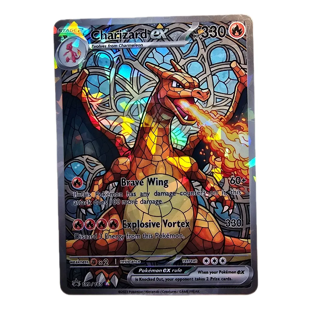 Charizard ex Stained-Glass Design with Fractal Glass Holo Finish Standard Size and Poke Back. Ships Protected!