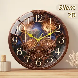 Wooden or Tempered Glass Decorative Clock, Modern Wall Clock with Fireworks Background, Battery Operated, Home Decoration Gift
