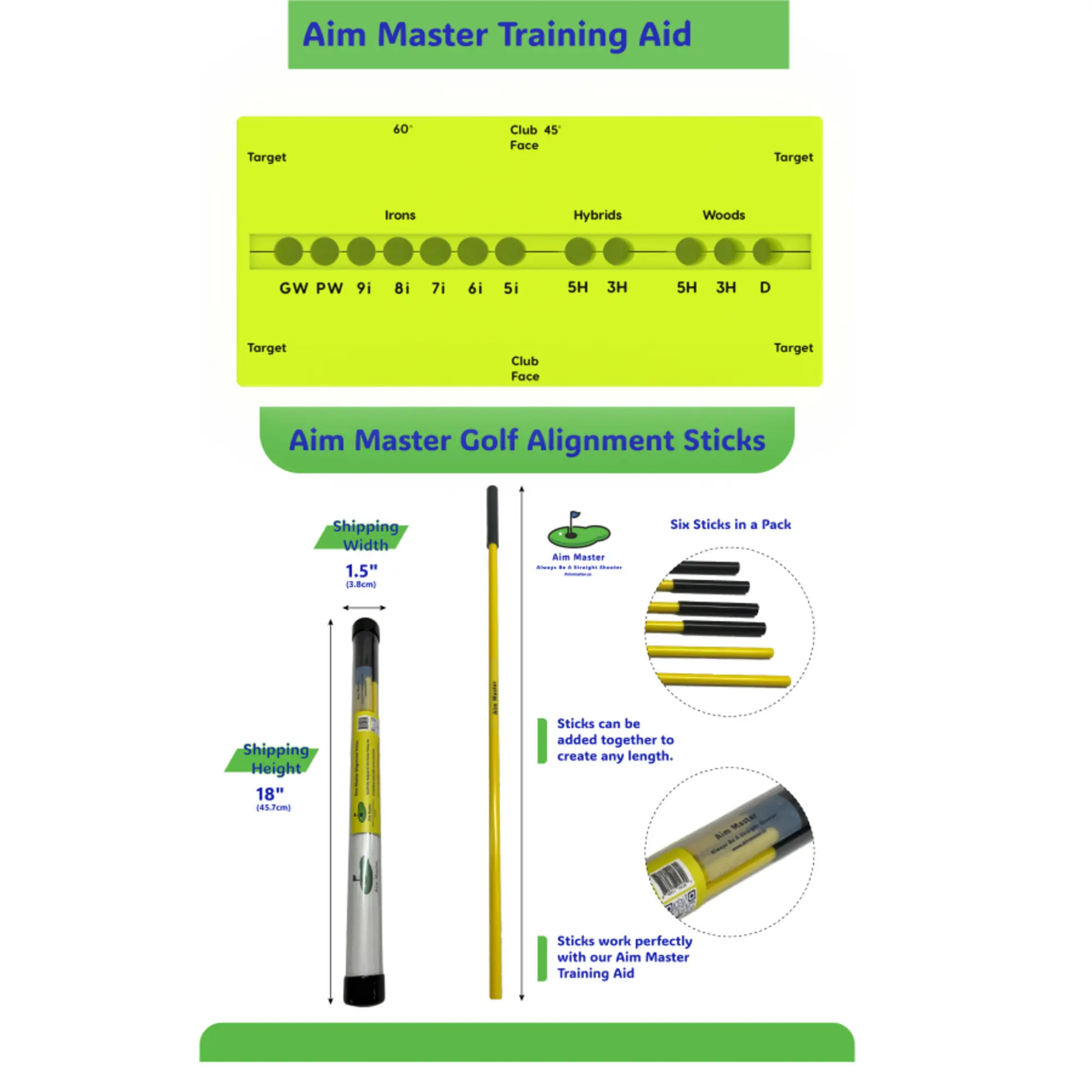 Aim Master Training Kit. Golf Training Aid with Alignment Sticks – PGA Exercises! Durable Alignment Golf Training Aid including All 10 Essential Training Drills.  Free Instructional Videos.