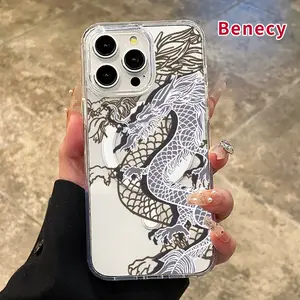Clear Magnetic Case for iPhone 16 Pro Max 15 Plus 14 13 12 11 XR E XS Dragon Pattern Acrylic Hard Back Soft Silicone Edge Anti-Fall Cover Shell for Male
