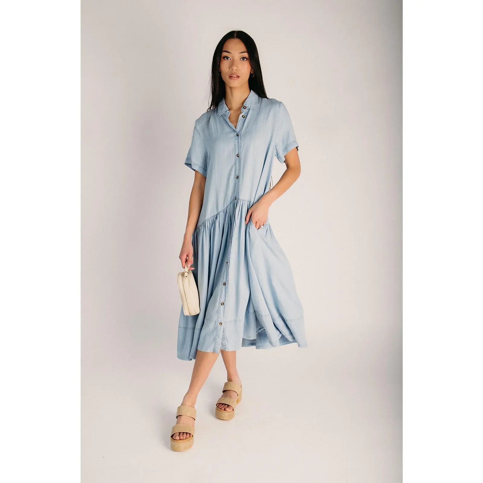 The Buxton Button-Up Chambray Dress in Light Blue