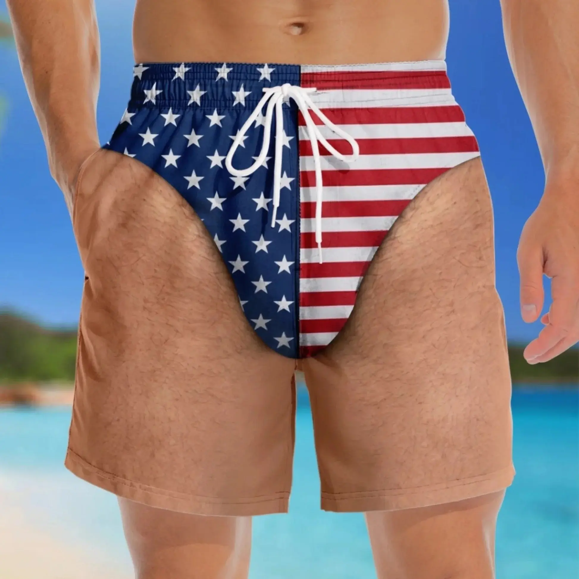 Personalized Funny USA Flag Swim Trunks, Patriotic Men’s Swim Shorts, 4th Of July Beach Shorts, Novelty Summer Gift For Him, Funny Beach