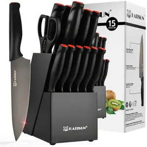 15 Pieces Titanium Plating Kitchen Knife Block Set, German High Carbon Steel, Black Titanium Beveled Mercerized Blade, Ergonomic Black Anti-Slip Handle with Red Trim, Built-in Sharpener and Scissors,TikTokShopBlackFriday