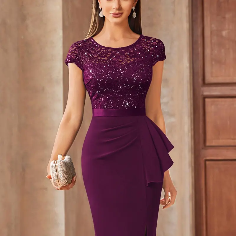Miusol 13169 Women's Chic Short-Sleeve Round Neck Lace Glitter Sequin Formal Dress - Lady's Workwear, Party Wear