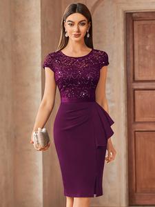 Miusol Women's Chic Short-Sleeve Round Neck Lace Glitter Sequin Formal Dress - Lady's Workwear, Party Wear