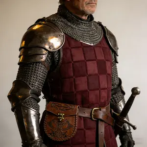 Nordic Relief Backpack with Vintage Medieval Faux Leather Side Pockets, Classic Cat Pattern, Axe Marks, Portable Retro Bag for Role-Playing Events