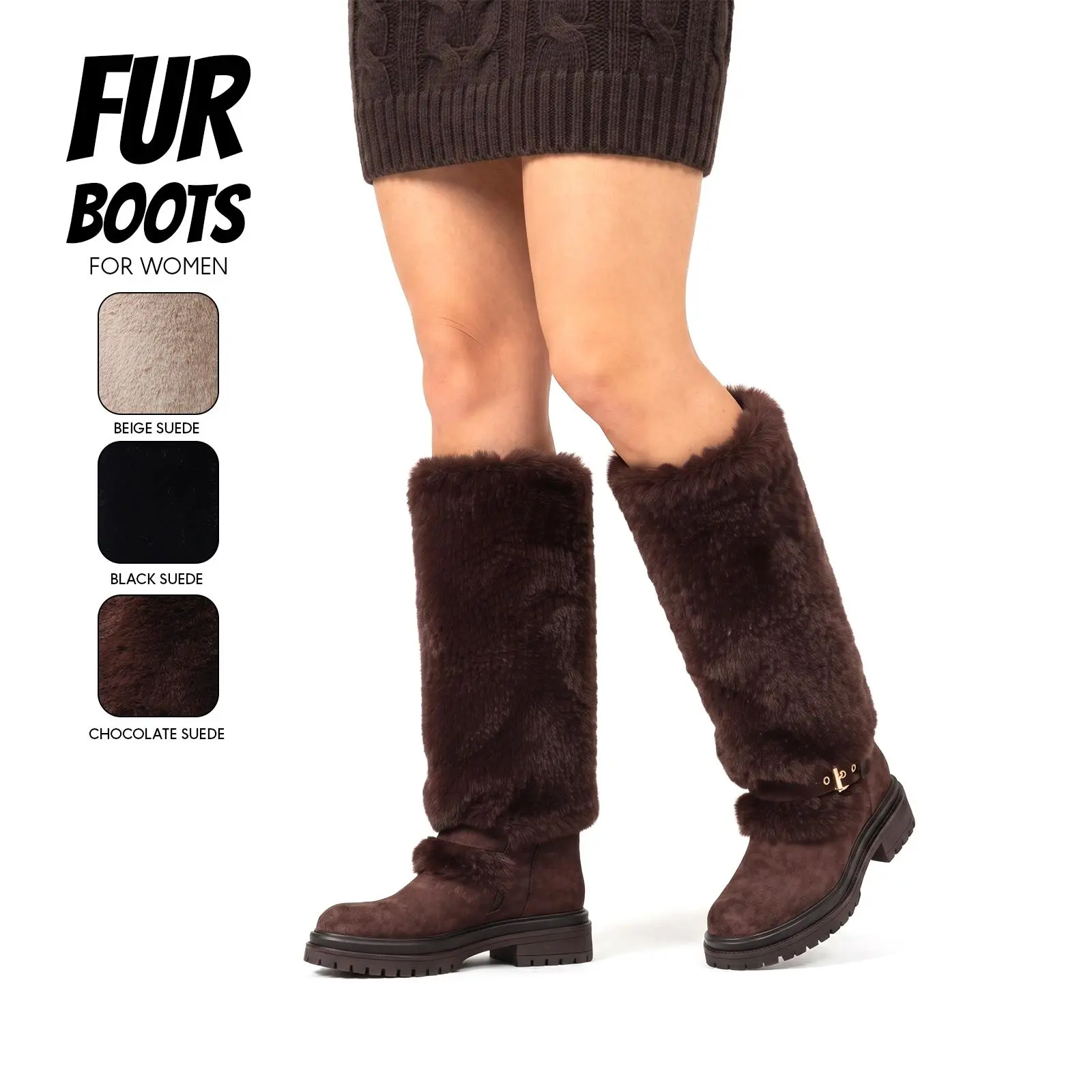 Fur Boots For Women Knee High Boot Round Toe Chunky Platform Block Heels Side Zipper Buckle Strap Long Tall Comfy Pull On Warm Cozy Snow Indoor Outdoor Party Work Casual Suede Winter Fashion Boots
