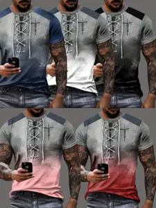 5-Pack Men's Gradient Rope Henry Print T-Shirts, Short Sleeve, Round Neck, Casual Summer Outdoor Wear, Elastic Fabric, Regular Fit, Adult Size