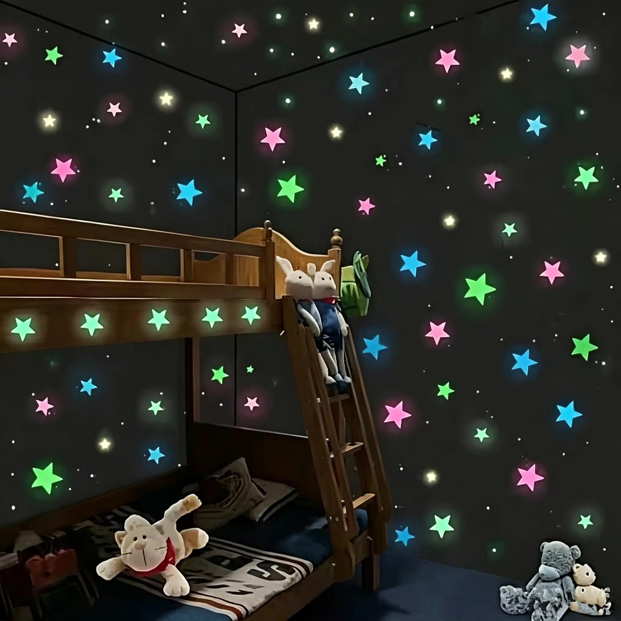 Glow-in-the-Dark Plastic Decorative Stickers - 100pcs Stars, 1pc Moon 3D Colorful Space Galaxy Decals, Easy to Use, Energy Absorbs, Glows Nightly, Whimsical Home Decor for Bedroom Walls Wall Decor