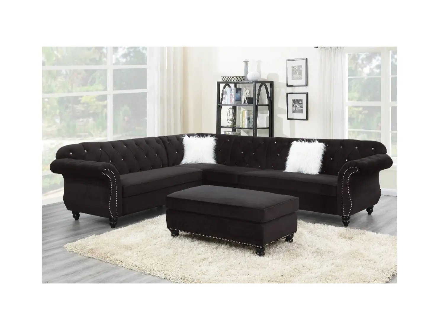 Poundex F6433 Modern 4-Piece Jolanda Black Velvet Sectional Sofa - Tufted Backs, Left/Right Arms, Multiple Seats, Interior Lounge Design, for Living Room