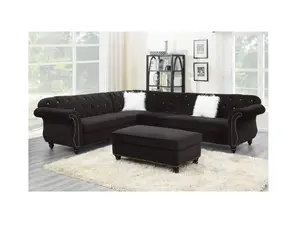 Poundex F6433 4 pc jolanda black velvet fabric sectional sofa with tufted backs