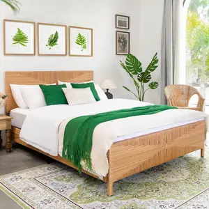 Yechen Rattan Style Boho Bed Frame with Headboard and Footboard, Mid Century Modern Hand-Woven Wicker Bedframe with Vintage Pattern, Bamboo Bed with Metal Slats, No Box Spring Needed, 1000lbs(Full, Queen, King)