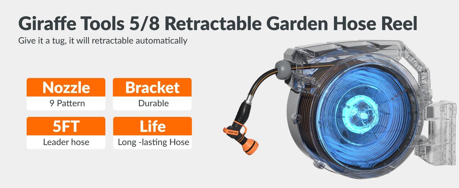 Father's Day Gift | Giraffe Tools 78ft-130ft 330LB Metal Bracket Retractable Garden 5/8in 1/2in Hose Reels for Outside, Wall Mounted Water Hose Reel with 180° Swivel, Any Length Lock, 9 Pattern Hose Nozzle, 2 years warranty, Stock up sale, summervibes