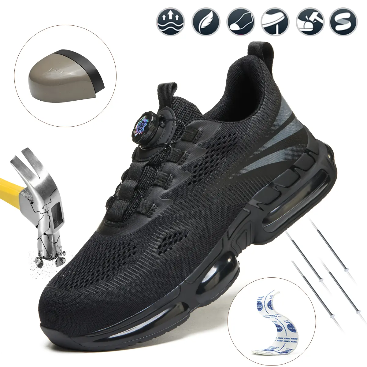 Men’s safety shoes, lightweight and breathable impact-resistant work shoes, low-top steel-toe shoes, black style, puncture-resistant safety boots, mesh upper, easy-on-and-off rotating button design, construction work protection shoes, suitable for all sea