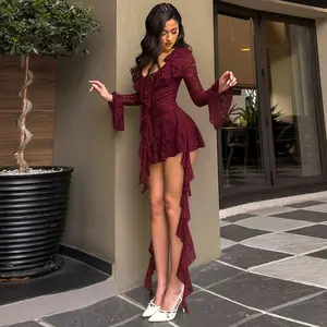 Women's Fashion Y2K Lace Bow Tie Flounce Sleeve Dress, Trendy Comfortable Fitted Long Sleeve, Stylish Ladies' Clothing