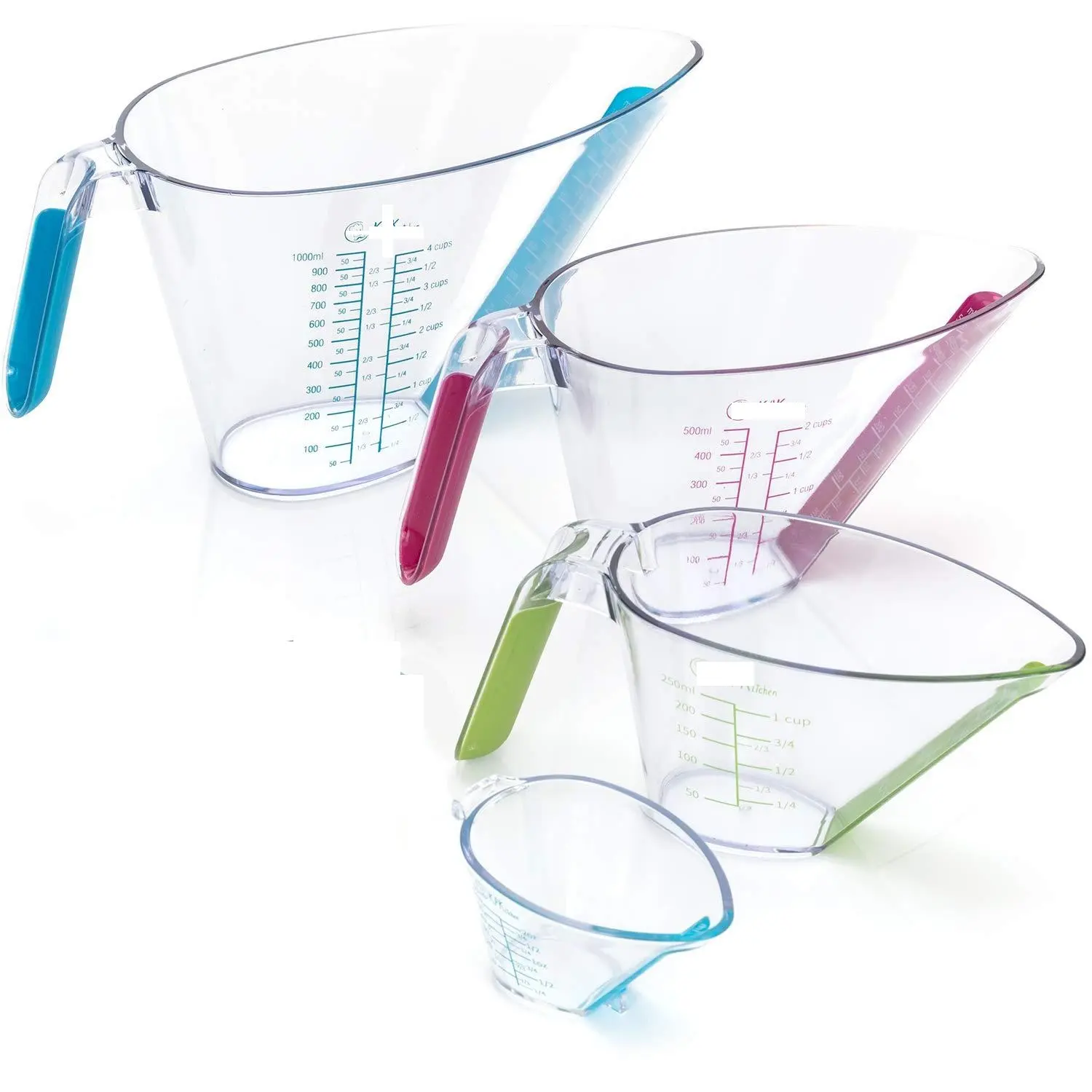 4-Piece Angled Liquid Measuring Cups Plastic Set - Mini Oz, 1, 2 And 4 Plastic Measuring Cup Sizes - Plastic Measuring Cups For Liquids With Ml & Cups Measures - Small & Large Measure Cups