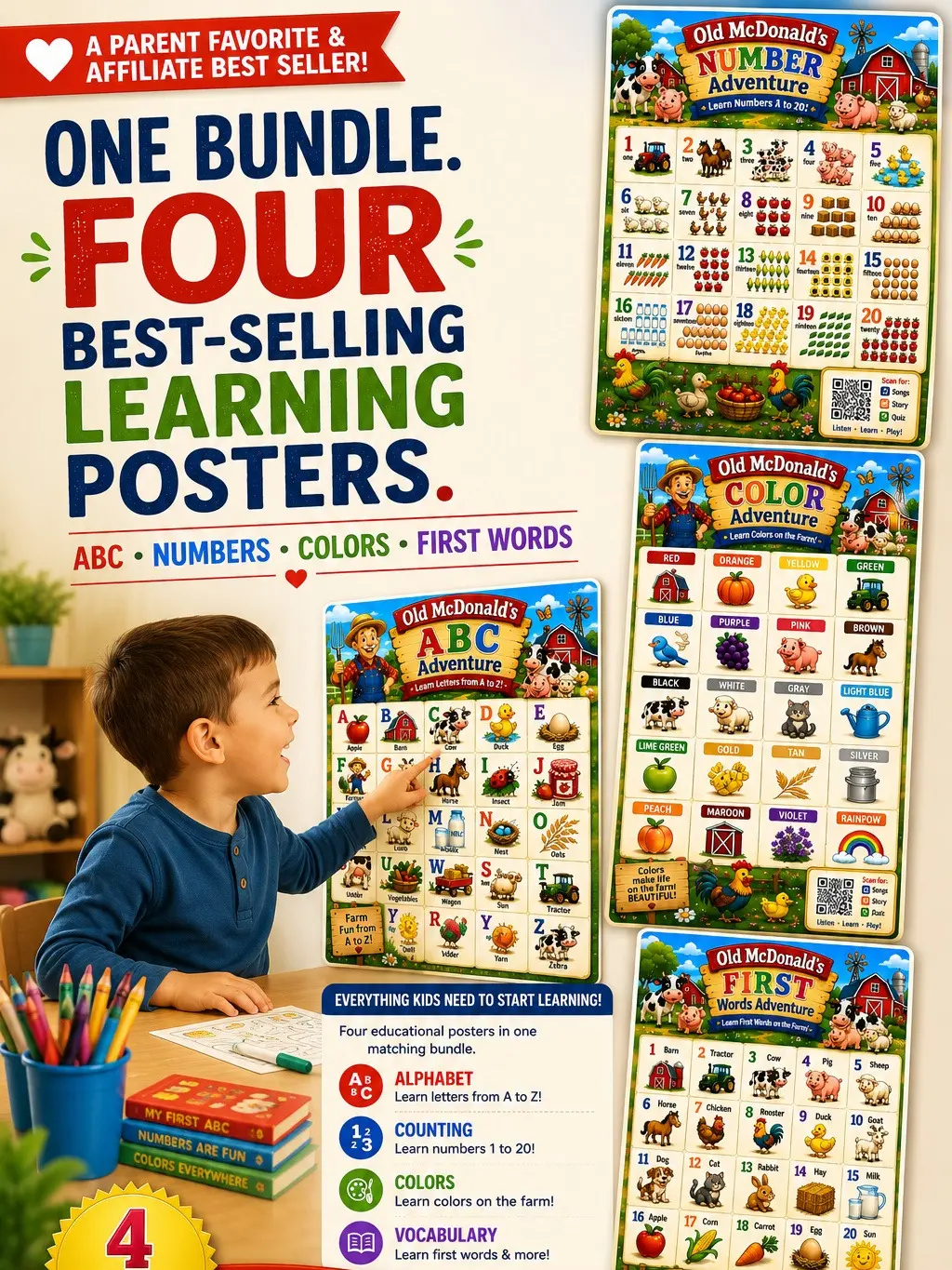 Old McDonald's Learning Posters Bundle - ABC Numbers Colors First Words Educational Wall Charts for Kids