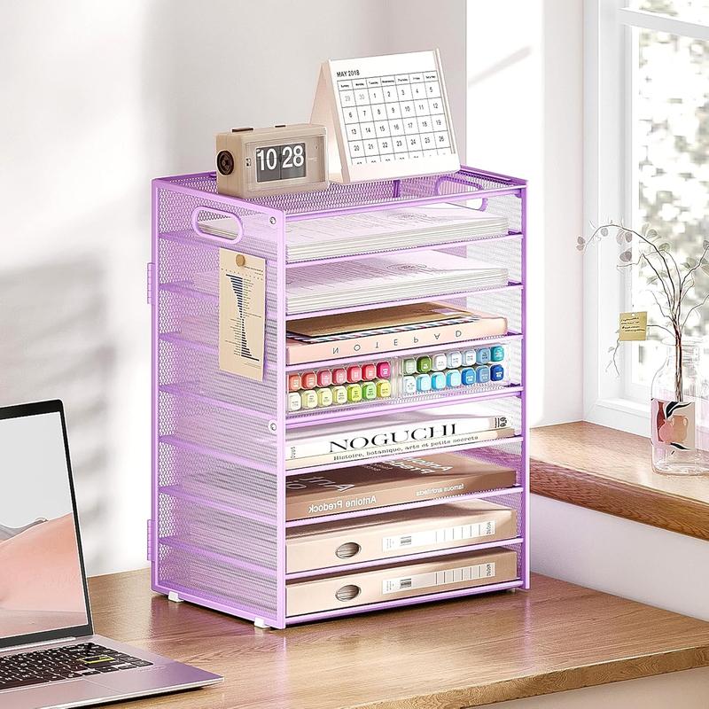 9 Tier Paper Letter Tray Desk Organizer with Handles - Purple Metal Mesh File Holder Paper Sorter Desk Organizer for Office School, Include 6 count Adjustable Slid Tray, 6 Colors 9 Tier Paper Letter Tray Desk Organizer with Handles - Purple Metal Mesh File Holder Paper Sorter Desk Organizer for Office School, Include 6 count Adjustable Slid Tray, 6 Colors