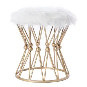 212 MAIN Modern Vanity Stool - 18x17x17 in. Round, Compact Metal Frame, Plush White Fur Top, Gold Finish
