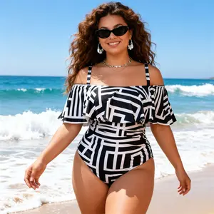 FreeBody plus-size one-piece swimsuit with geometric print, side waist ruching for tummy control, strapless design with ruffled adjustable shoulder straps, slimming plus-size swimsuit, bodycon bottoms, mom swimwear, women’s swimsuits, women’s tankinis