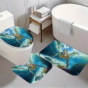 3-Piece Bathroom Rug Set with Turtle Pattern, Soft Flannel Material, Non-Slip Toilet Cover Mat, Holiday Decoration