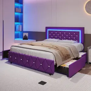 Twin/ Full/ Queen Bed Frame With Drawers, Upholstered Bed Frame With LED Lights, Modern Platform Bed Frame With Headboard And Footboard, Diamond Tufted Design, No Box Spring Needed, White/ Pink/ Black/ Purple/ Yellow (Twin Size 2 Drawers/ Ot